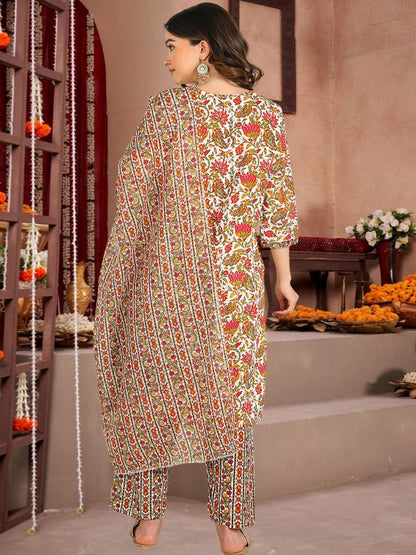 Floral Print Cotton Kurta Set With Dupatta White & Multicolor