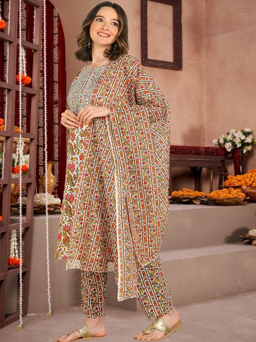 Floral Print Cotton Kurta Set With Dupatta White & Multicolor