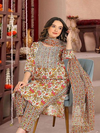Floral Print Cotton Kurta Set With Dupatta White & Multicolor