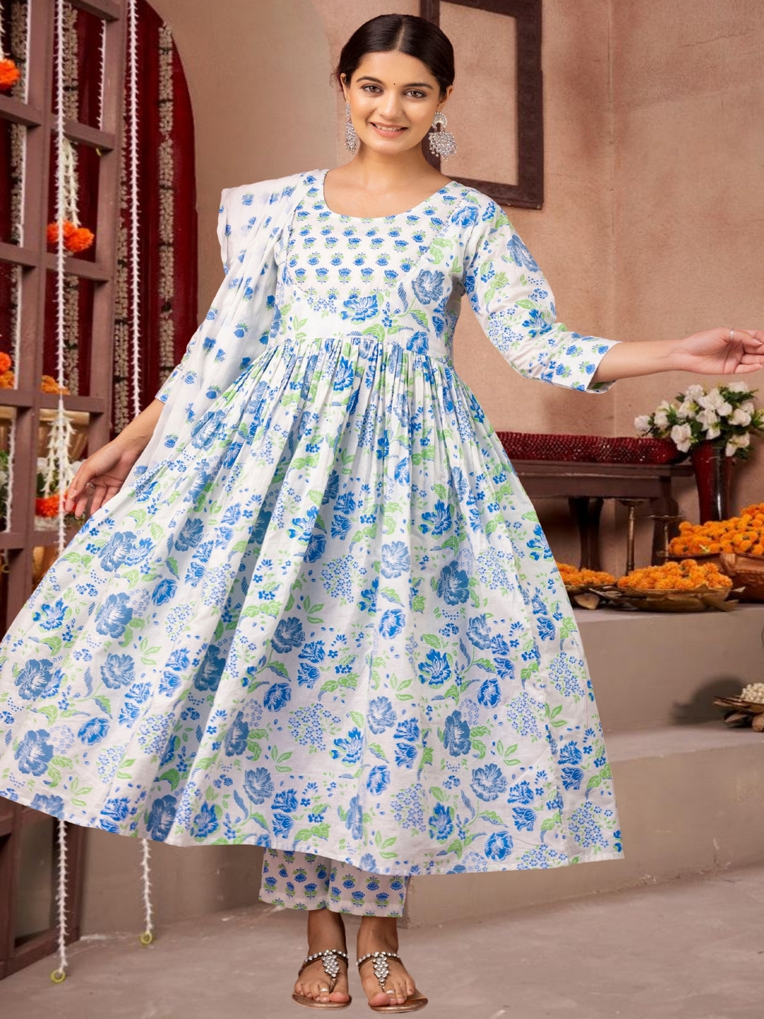 Blue & White Floral Printed Anarkali Kurta Set With Dupatta