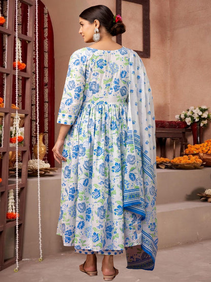 Blue & White Floral Printed Anarkali Kurta Set With Dupatta
