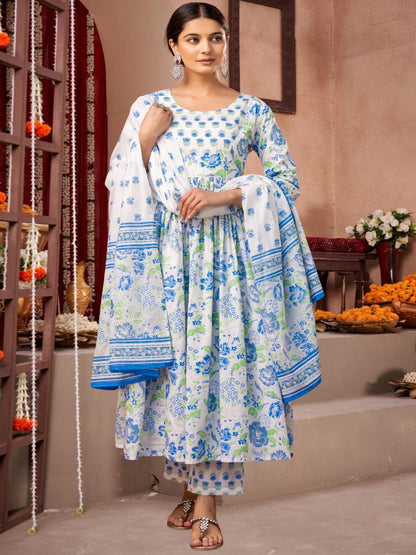 Blue & White Floral Printed Anarkali Kurta Set With Dupatta
