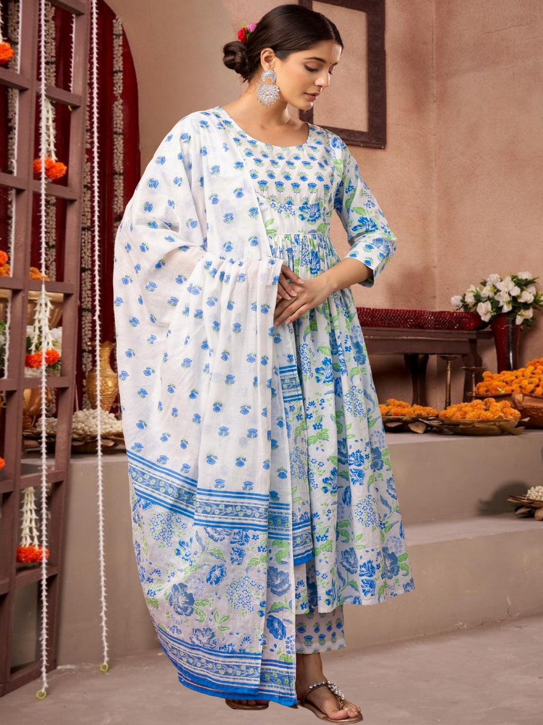 Blue & White Floral Printed Anarkali Kurta Set With Dupatta