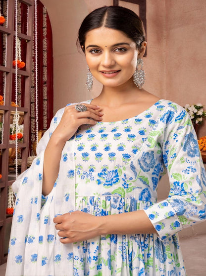 Blue & White Floral Printed Anarkali Kurta Set With Dupatta