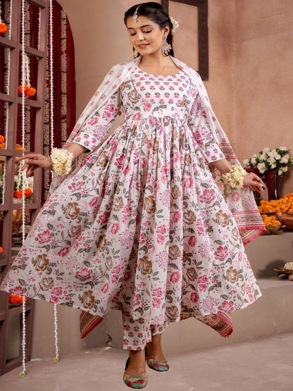 White & Pink Floral Anarkali Kurta Set With Dupatta