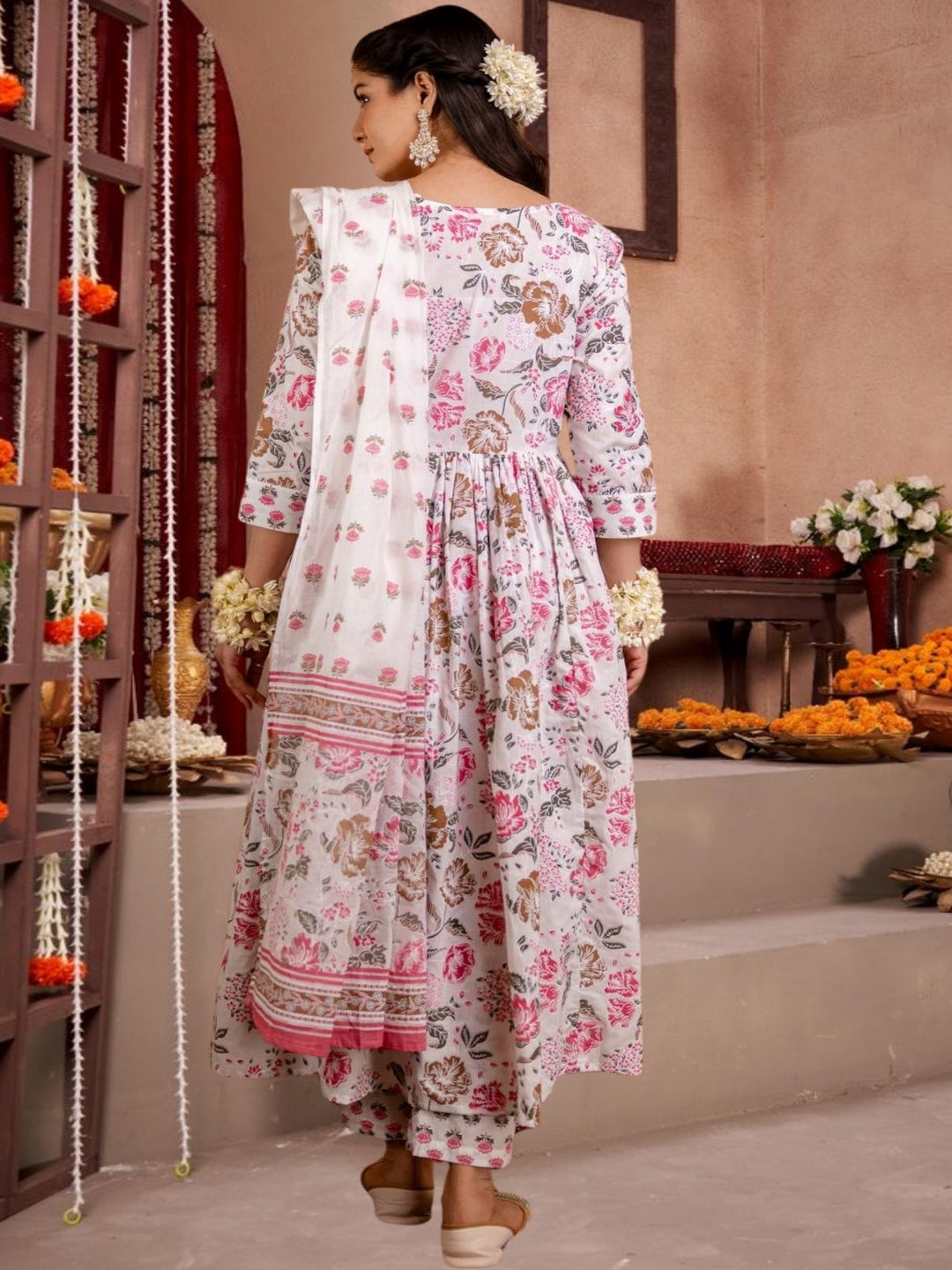 White & Pink Floral Anarkali Kurta Set With Dupatta