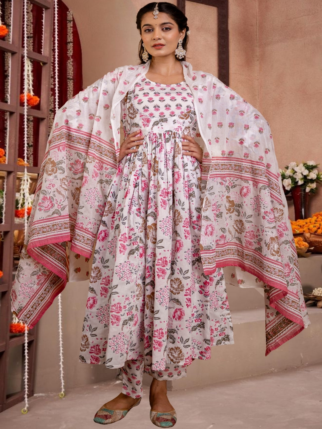 White & Pink Floral Anarkali Kurta Set With Dupatta