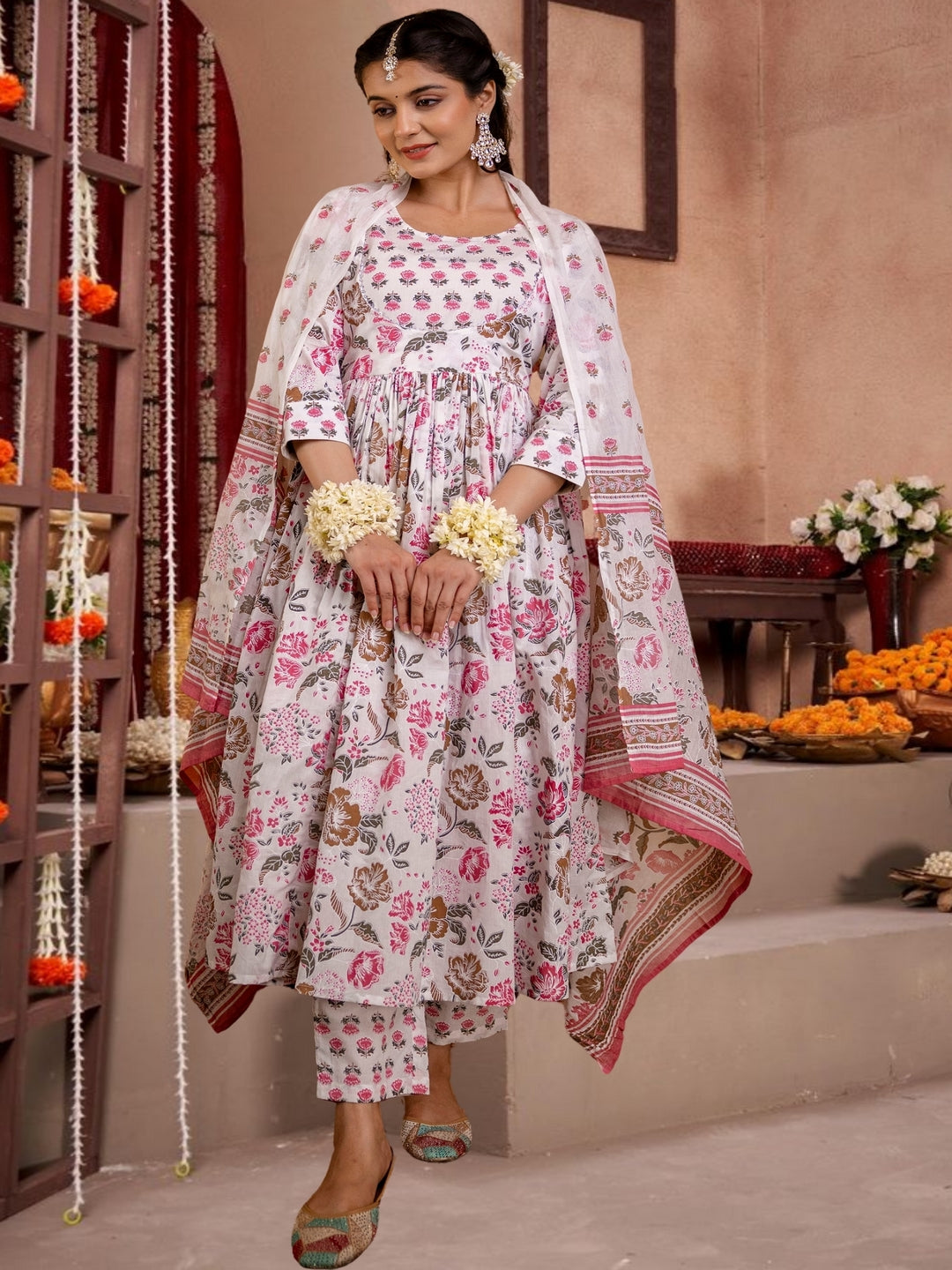 White & Pink Floral Anarkali Kurta Set With Dupatta