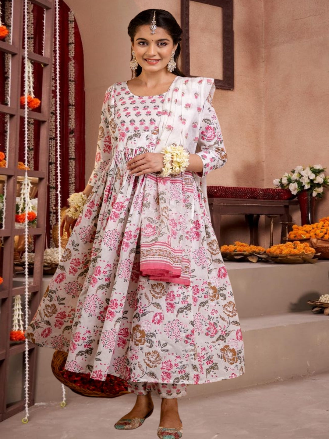 White & Pink Floral Anarkali Kurta Set With Dupatta