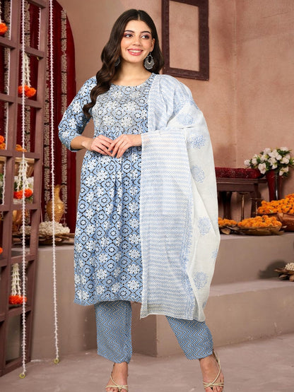 Sky Blue & White Printed Cotton Straight Kurta Set With Dupatta