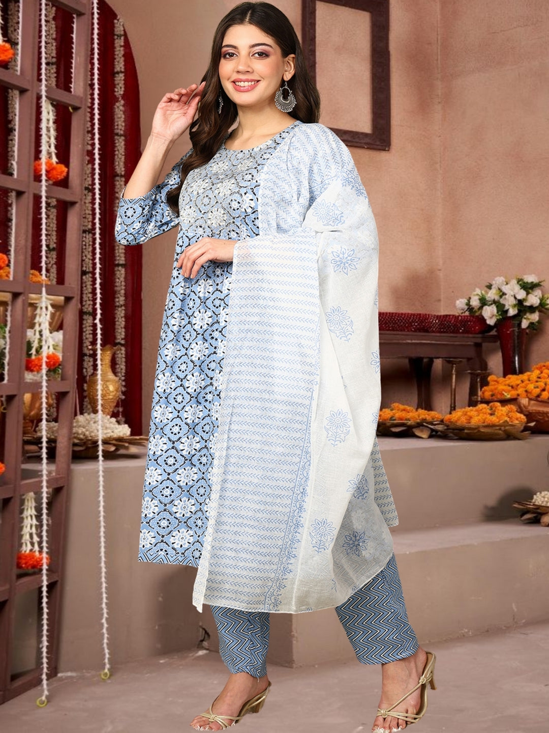Sky Blue & White Printed Cotton Straight Kurta Set With Dupatta