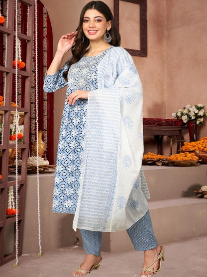 Sky Blue & White Printed Cotton Straight Kurta Set With Dupatta