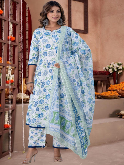 Blue & Green Floral Printed Cotton Kurta Set With Dupatta