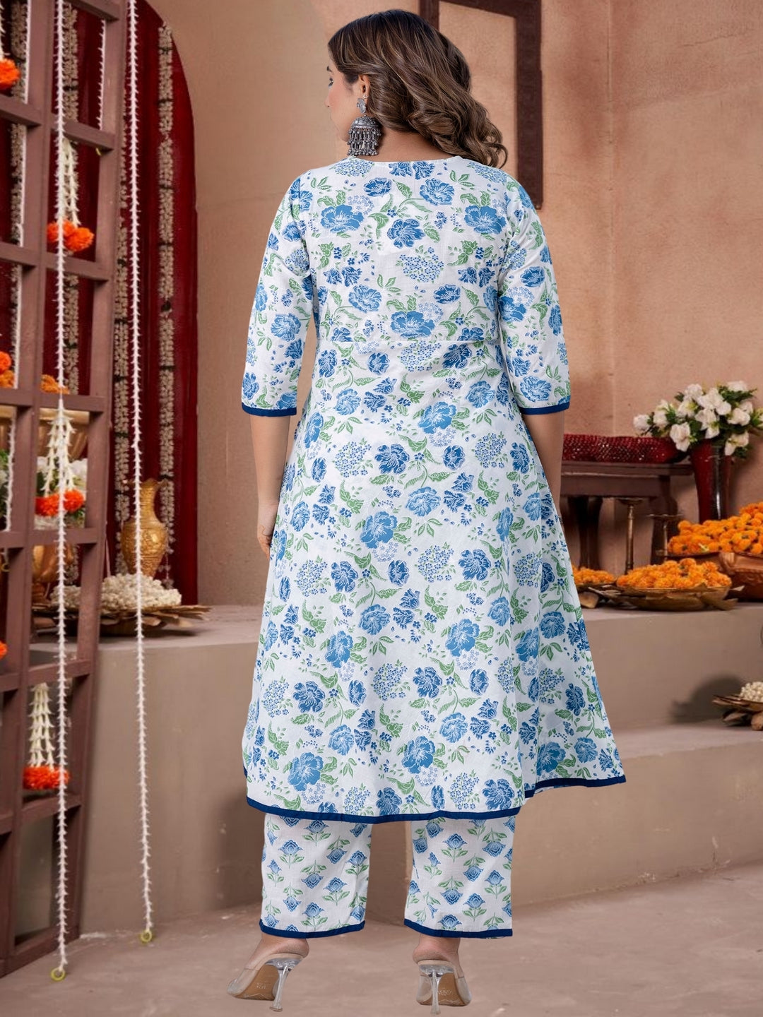 Blue & Green Floral Printed Cotton Kurta Set With Dupatta