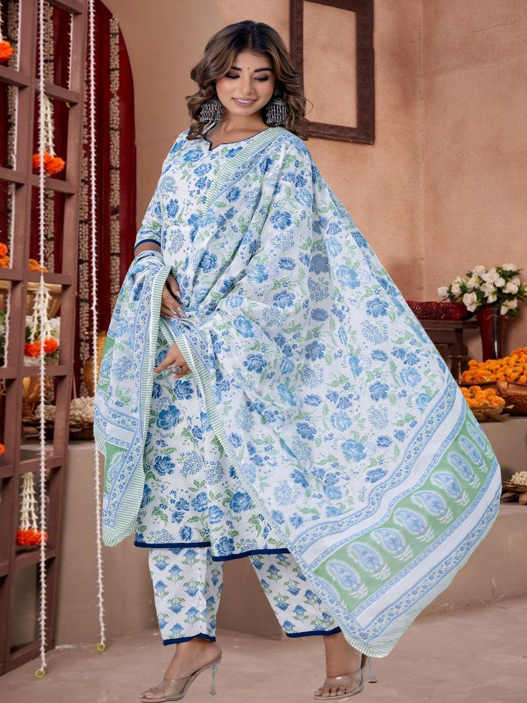 Blue & Green Floral Printed Cotton Kurta Set With Dupatta