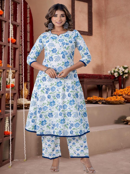 Blue & Green Floral Printed Cotton Kurta Set With Dupatta
