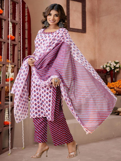 Maroon & Pink Floral Printed Cotton Kurta Set With Dupatta