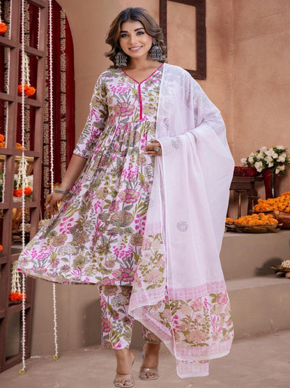 Pink Floral Printed Cotton Anarkali Kurta Set With Dupatta