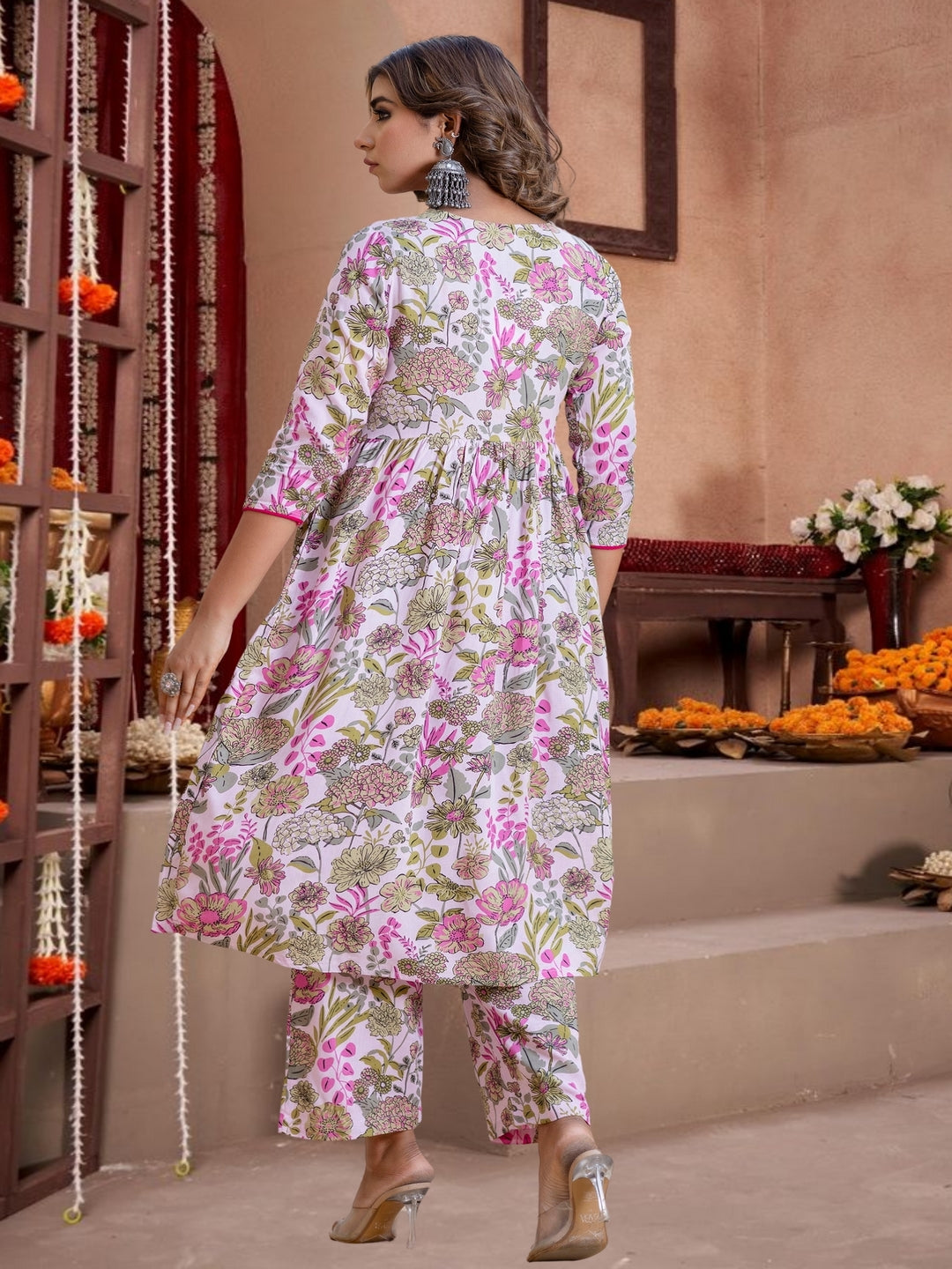 Pink Floral Printed Cotton Anarkali Kurta Set With Dupatta