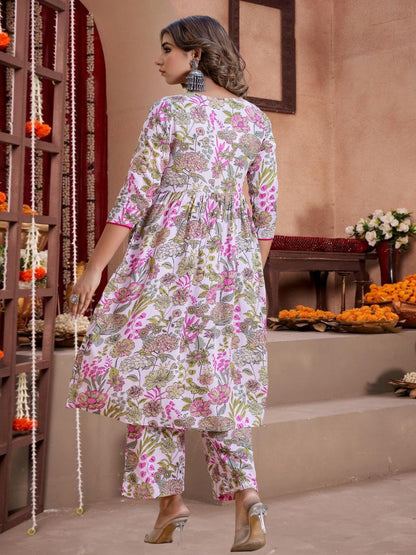 Pink Floral Printed Cotton Anarkali Kurta Set With Dupatta