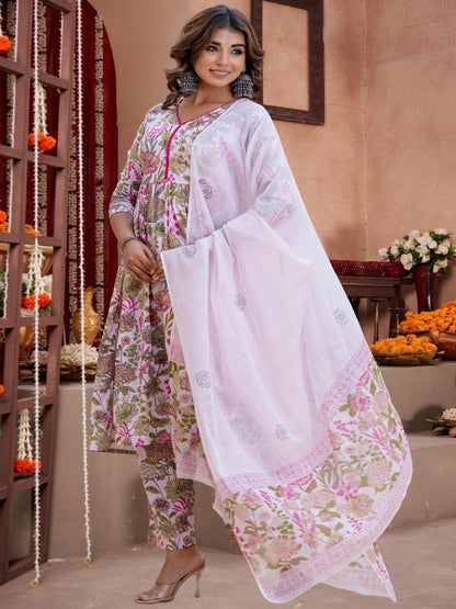 Pink Floral Printed Cotton Anarkali Kurta Set With Dupatta
