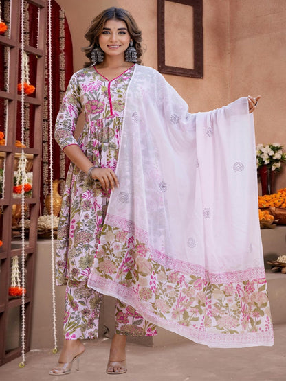 Pink Floral Printed Cotton Anarkali Kurta Set With Dupatta