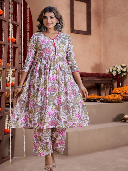 Pink Floral Printed Cotton Anarkali Kurta Set With Dupatta