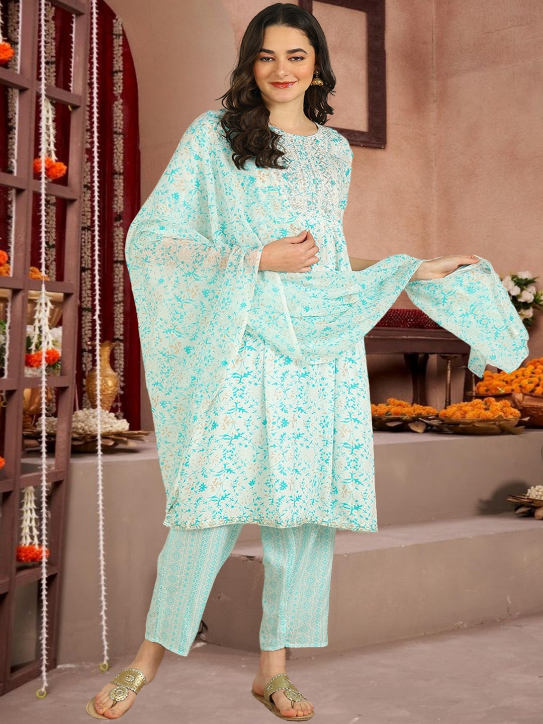 Mint Green Floral Printed Cotton Kurta Set With Dupatta