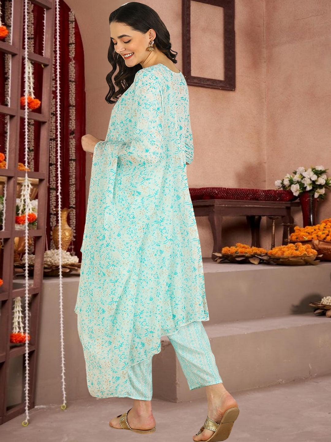 Mint Green Floral Printed Cotton Kurta Set With Dupatta