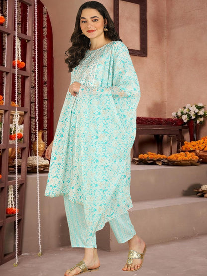 Mint Green Floral Printed Cotton Kurta Set With Dupatta