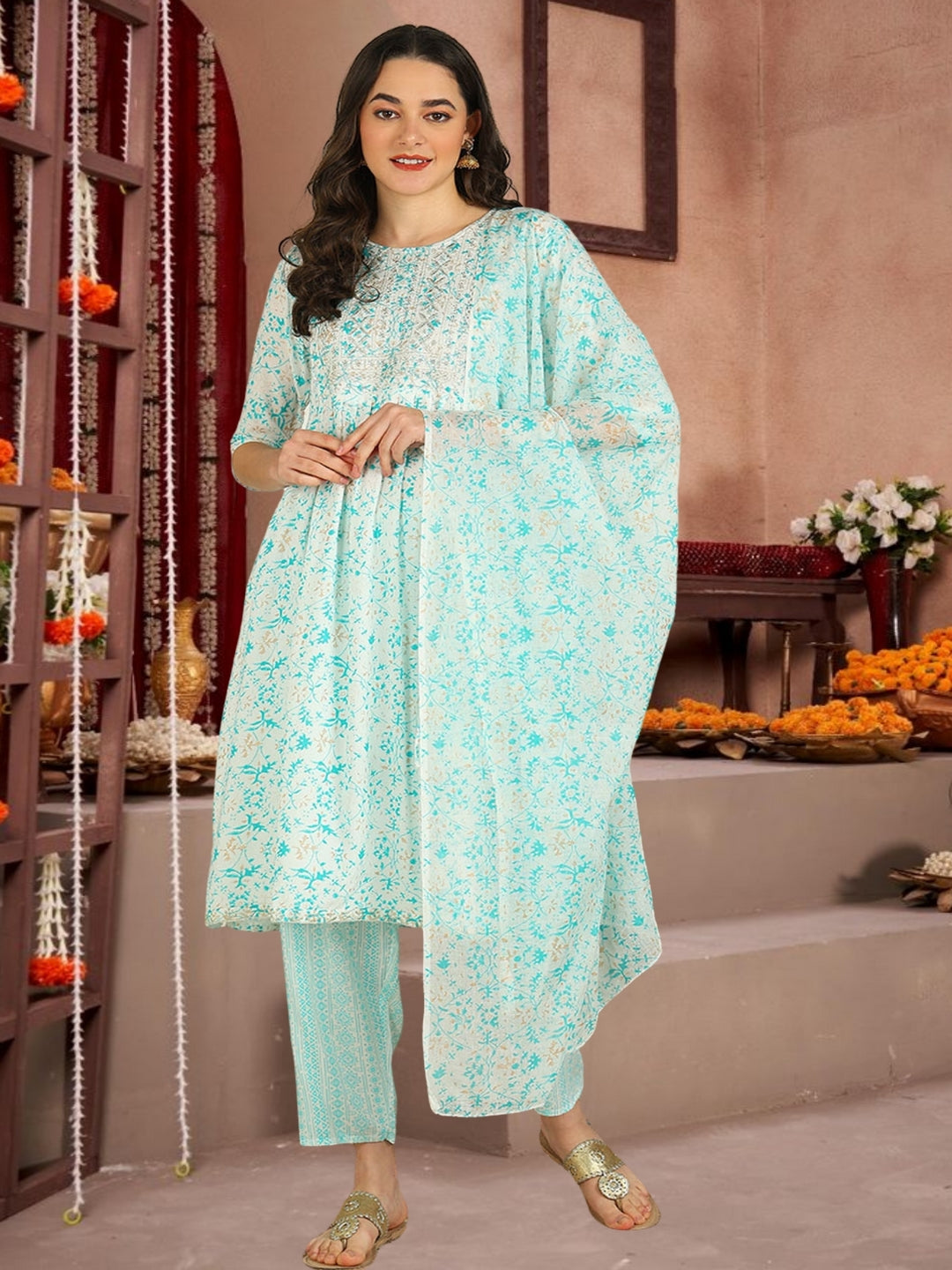 Mint Green Floral Printed Cotton Kurta Set With Dupatta