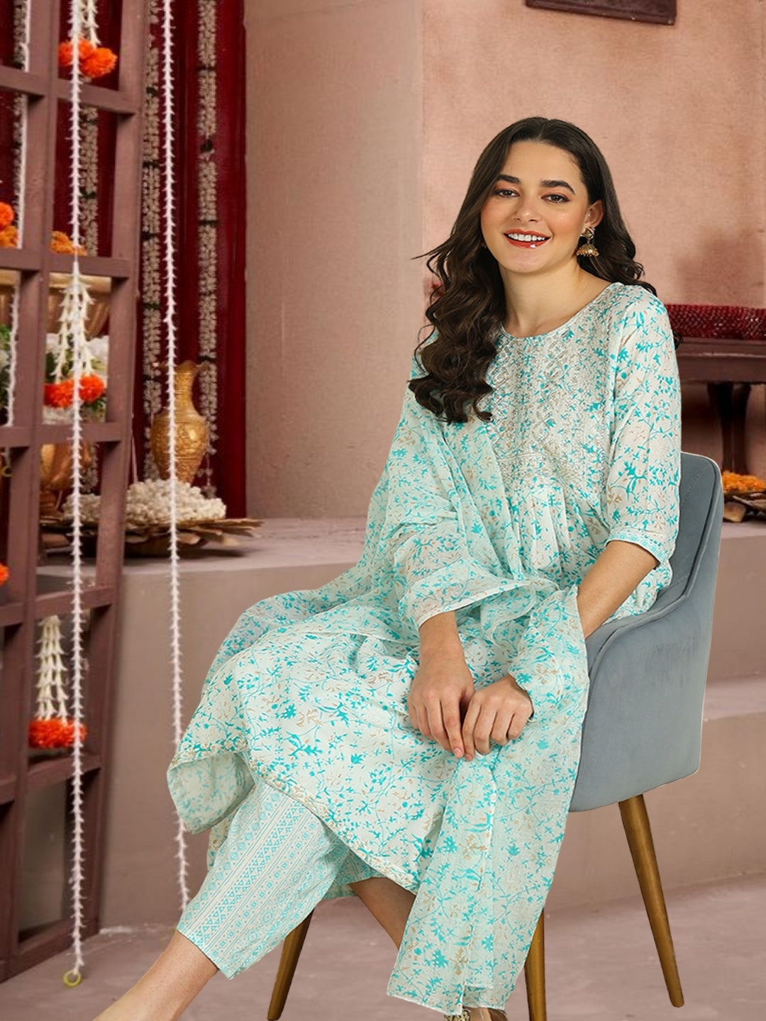 Mint Green Floral Printed Cotton Kurta Set With Dupatta