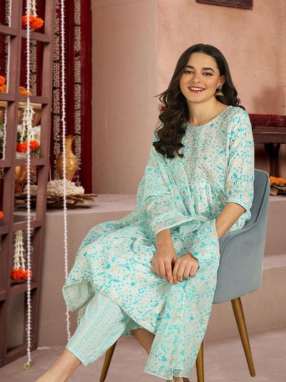 Mint Green Floral Printed Cotton Kurta Set With Dupatta