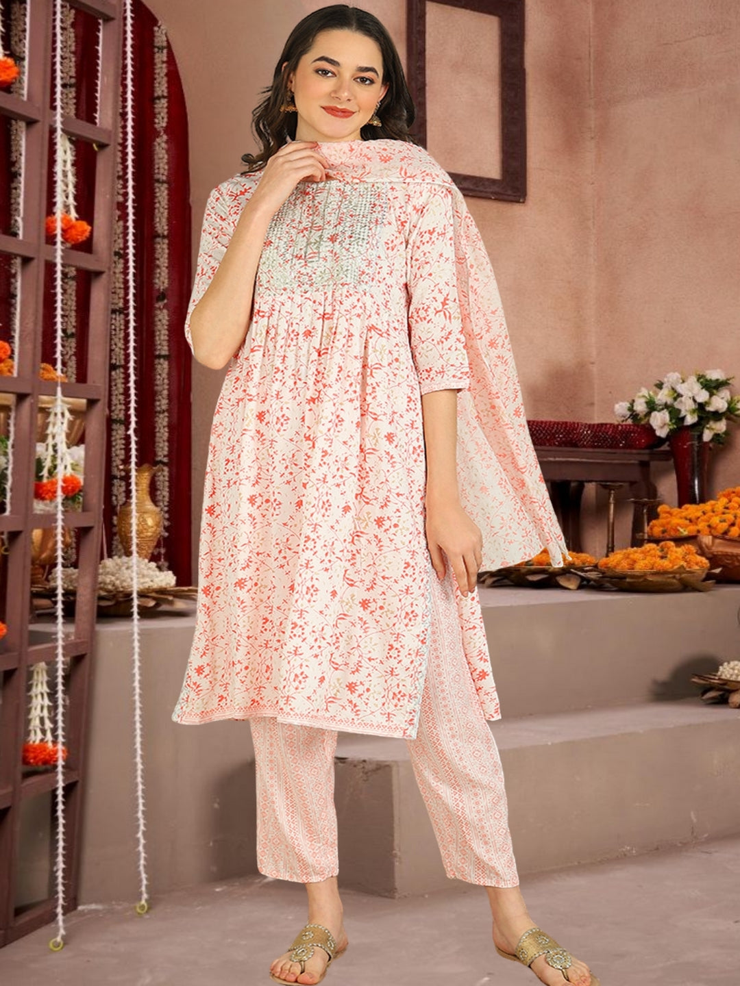 Orange Floral Printed Cotton Kurta Set With Dupatta