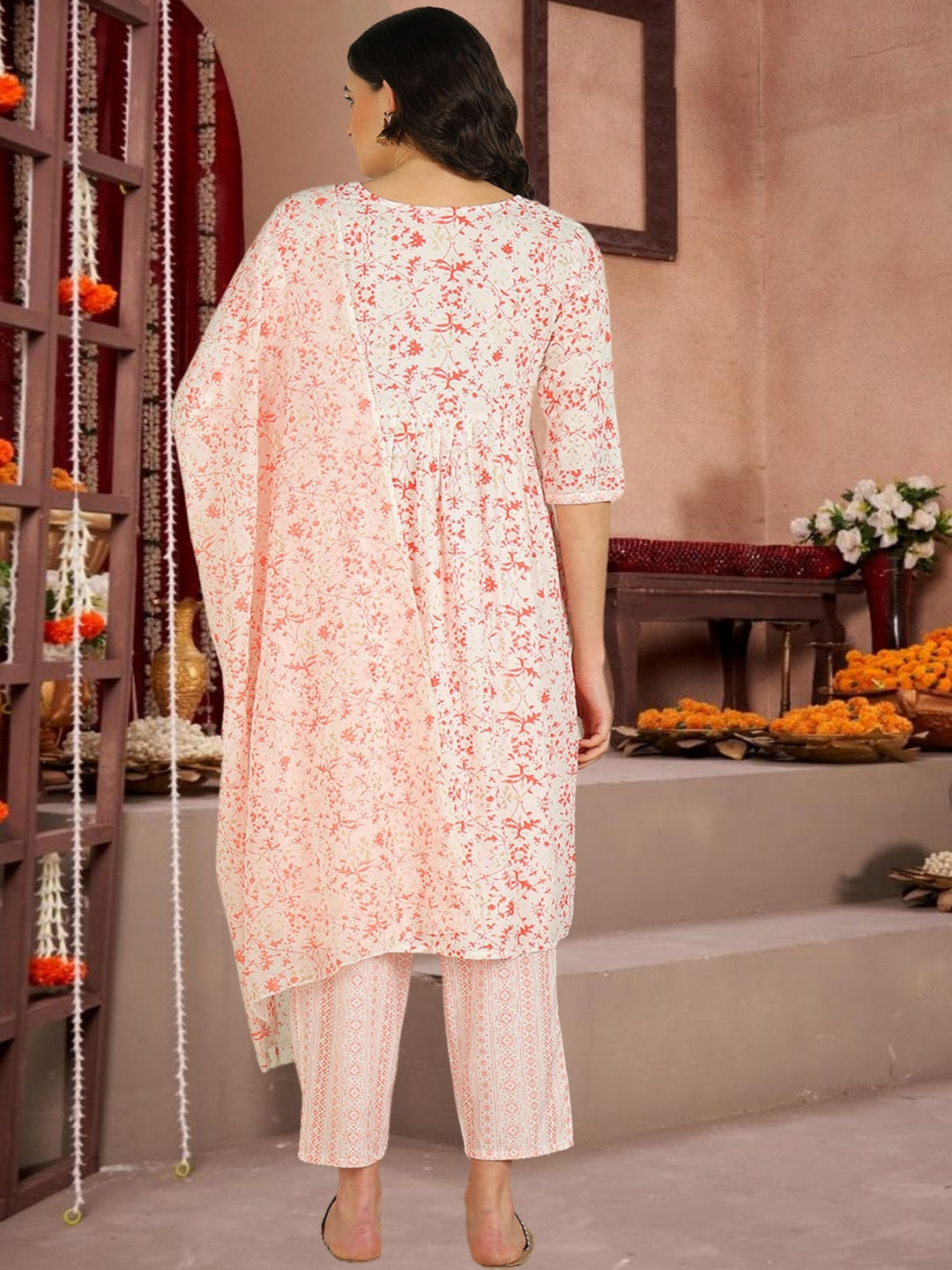 Orange Floral Printed Cotton Kurta Set With Dupatta
