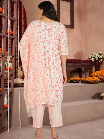 Orange Floral Printed Cotton Kurta Set With Dupatta