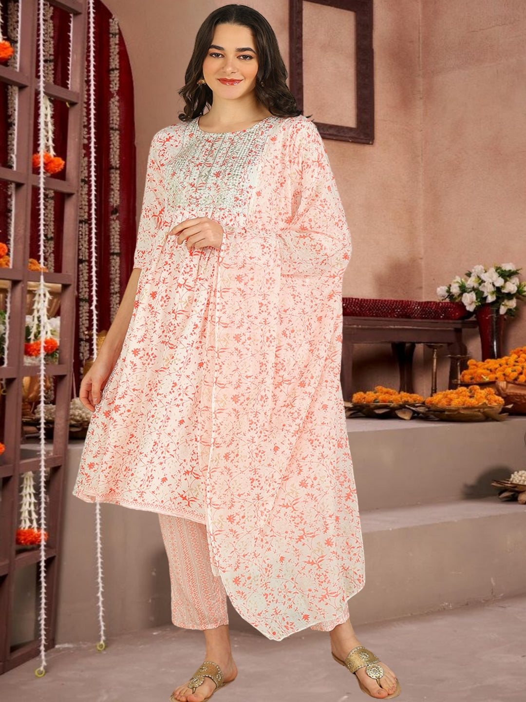 Orange Floral Printed Cotton Kurta Set With Dupatta