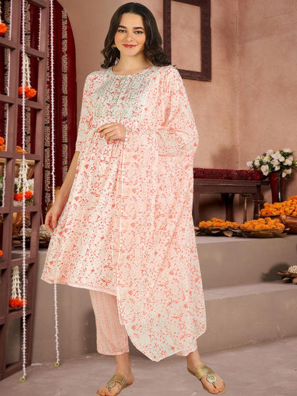 Orange Floral Printed Cotton Kurta Set With Dupatta