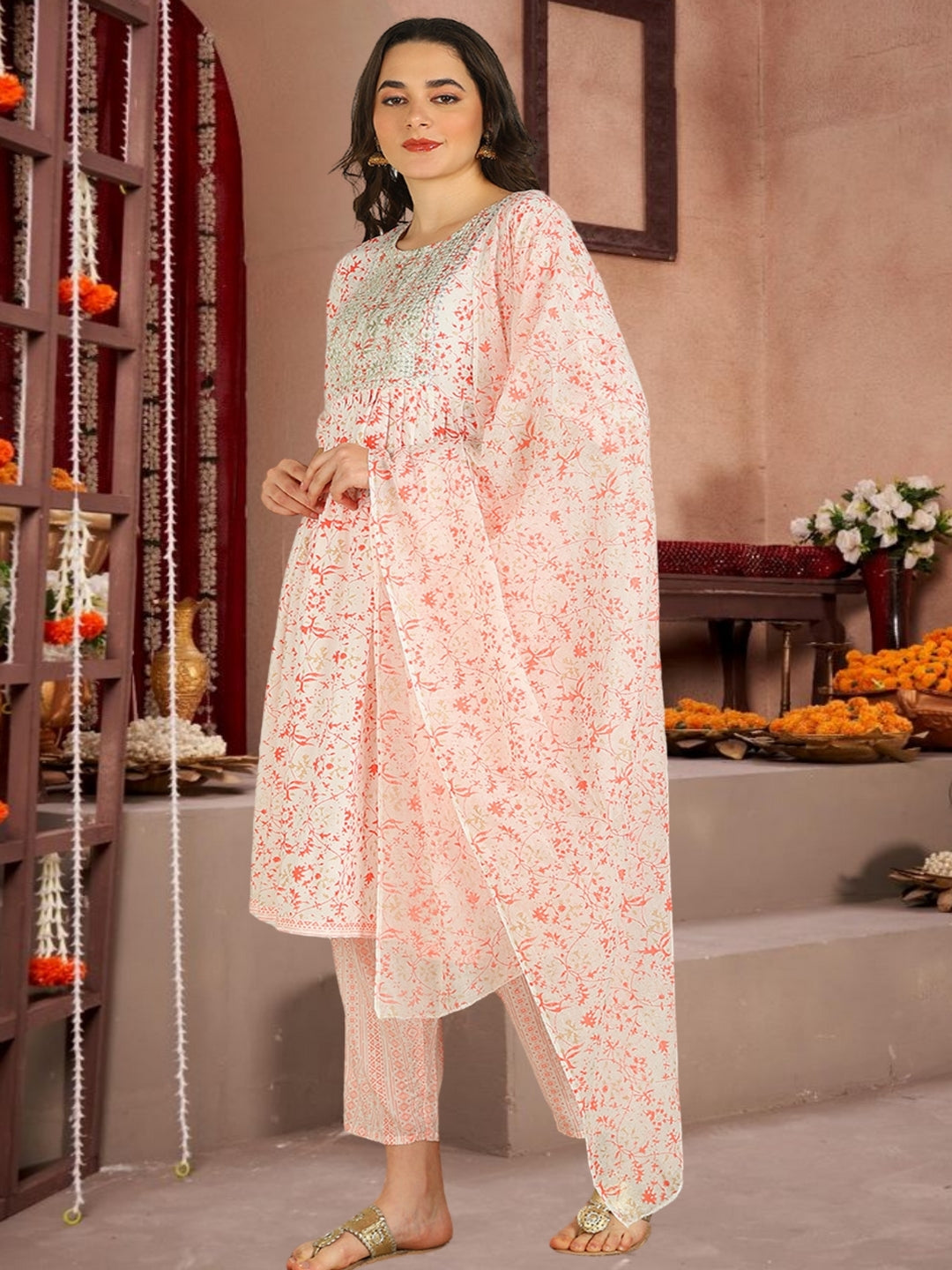 Orange Floral Printed Cotton Kurta Set With Dupatta