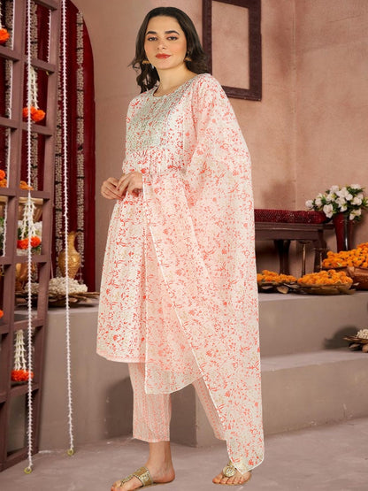 Orange Floral Printed Cotton Kurta Set With Dupatta