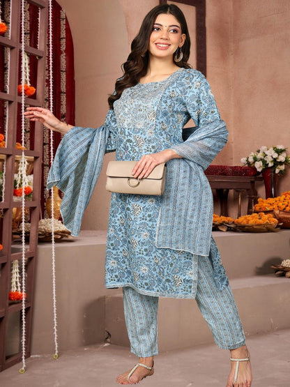 Sky Blue Floral Printed Cotton Kurta Set With Dupatta