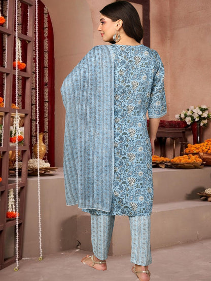 Sky Blue Floral Printed Cotton Kurta Set With Dupatta