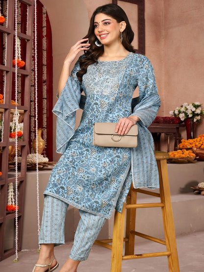 Sky Blue Floral Printed Cotton Kurta Set With Dupatta