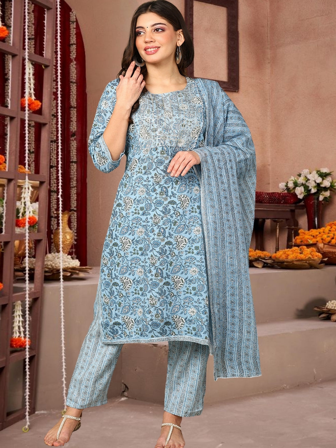 Sky Blue Floral Printed Cotton Kurta Set With Dupatta
