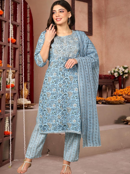 Sky Blue Floral Printed Cotton Kurta Set With Dupatta