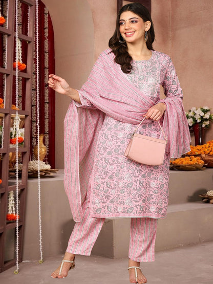 Pink Floral Printed Cotton Kurta Set With Dupatta