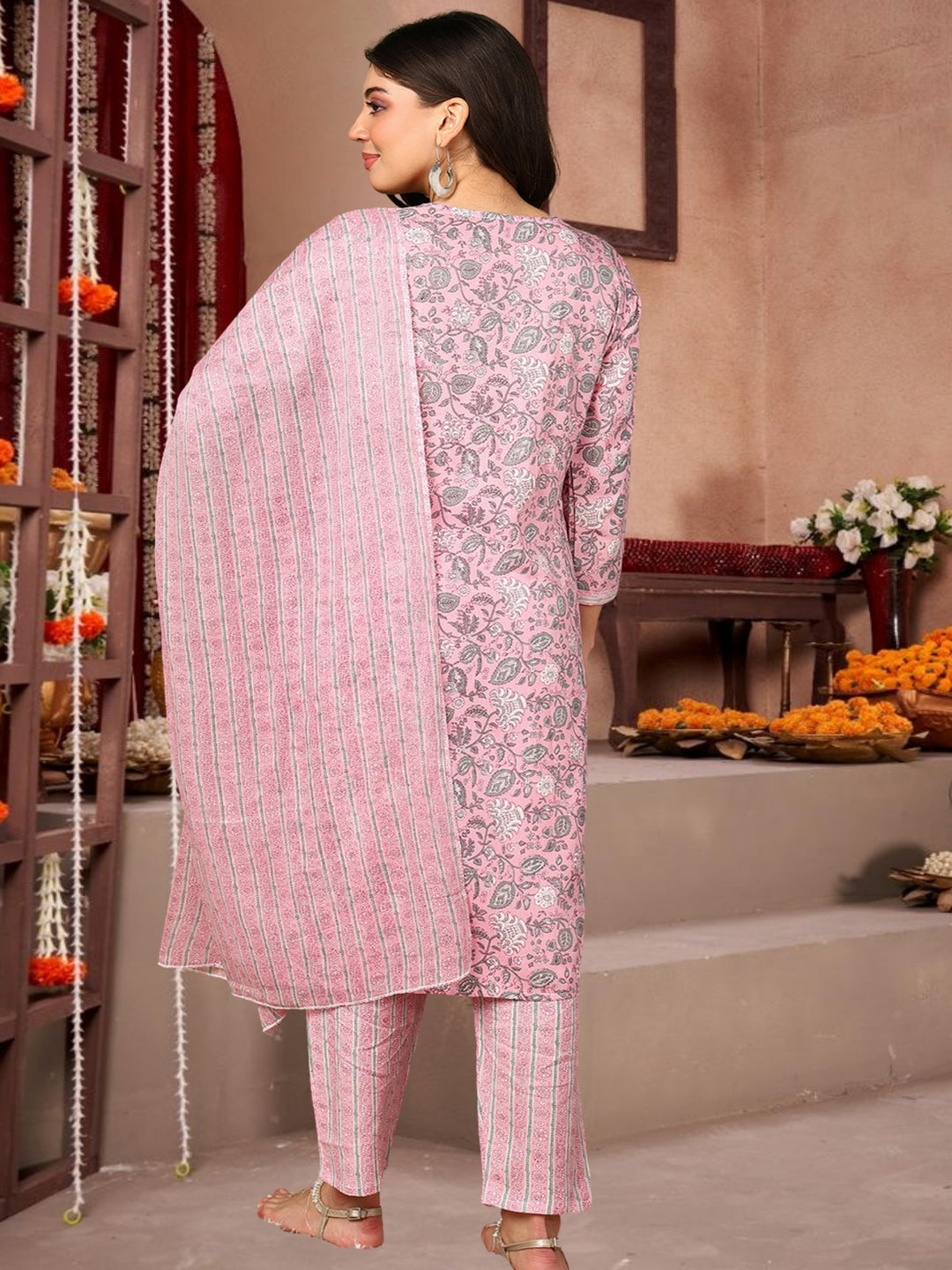 Pink Floral Printed Cotton Kurta Set With Dupatta