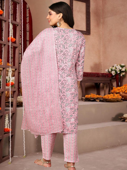 Pink Floral Printed Cotton Kurta Set With Dupatta