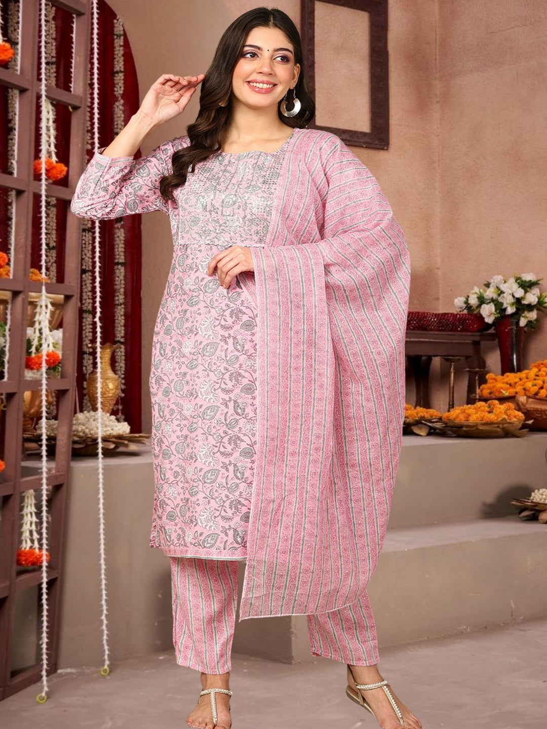 Pink Floral Printed Cotton Kurta Set With Dupatta