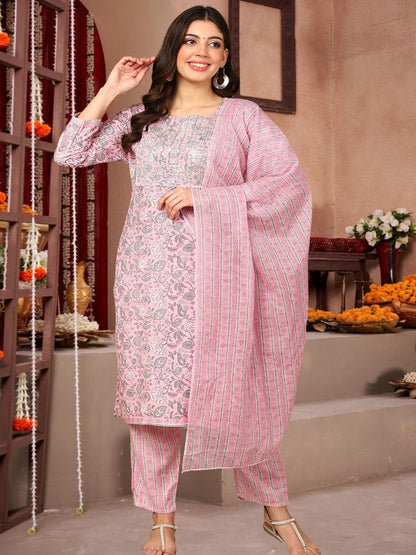 Pink Floral Printed Cotton Kurta Set With Dupatta